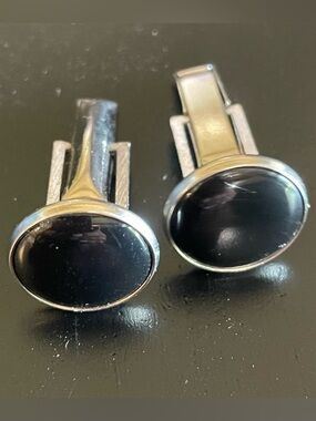 Vintage Pioneer Cufflinks Black Onyx Silver Tone Metal Pair tux formal links